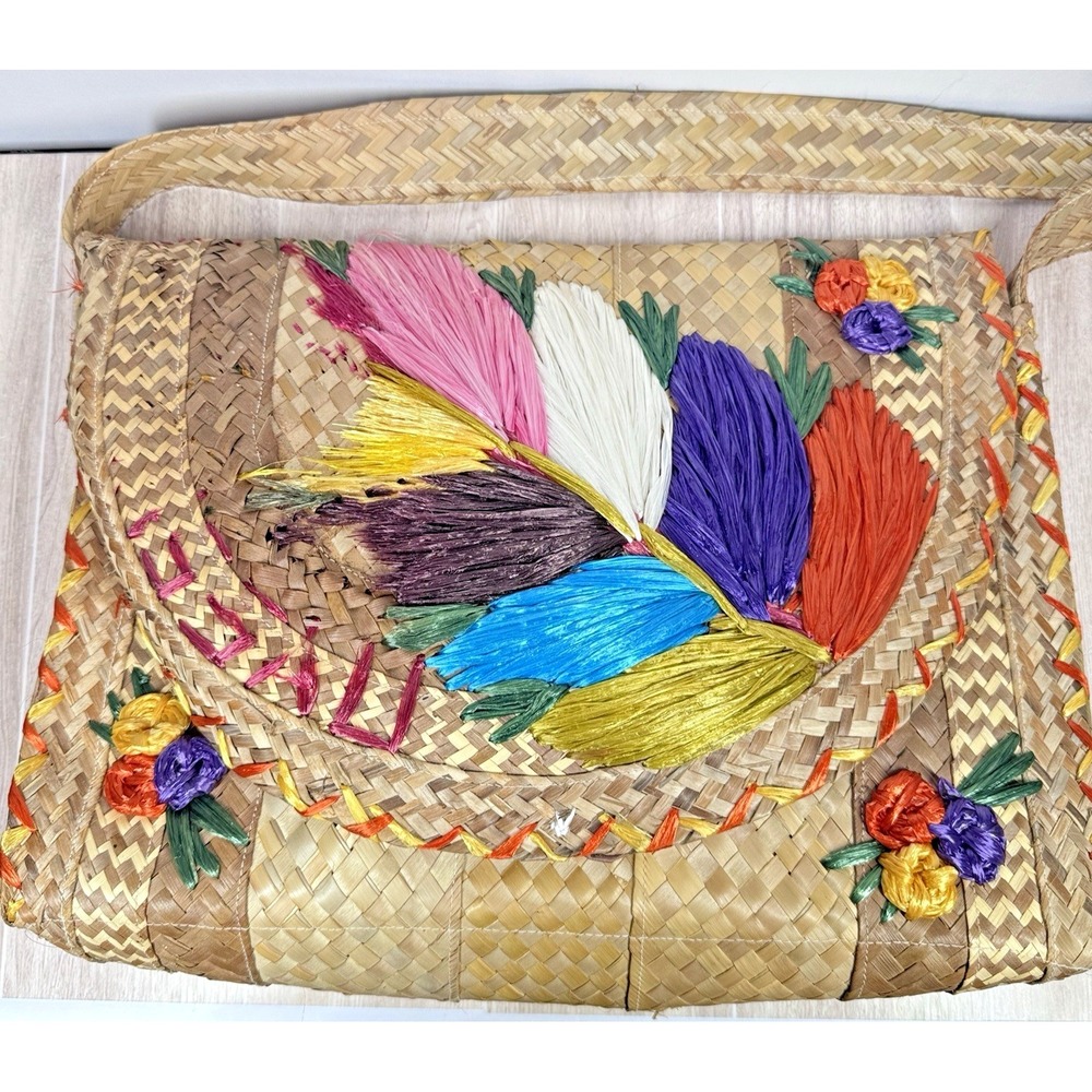 Vintage Woven Straw Raffia Purse Floral Embroidery Boho‎ Tote Bag 13x10 READ